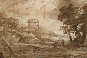Landschap met Ronde Toren en Baai door Claude Lorrain